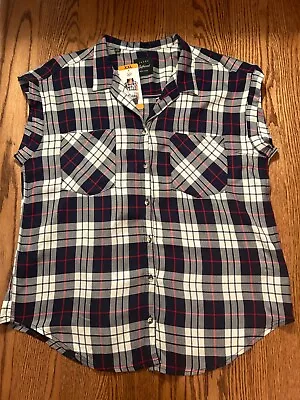 Jachs Girlfriend Shirt Adult 2XL Blue Plaid Button Up Cap Sleeve Top Womens • £14.24