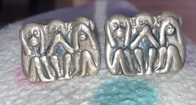 Rare Vintage Three Wise Monkey Sterling Silver See Hear Speak No Evil Cufflinks • $65