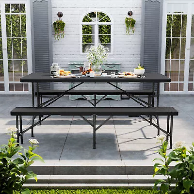 Foldable Rattan Garden Table And Chairs Dining Set Outdoor Beer Table Bench Set • £39.95