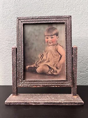 Antique Art Deco Wooden Picture Frame Swivel Tilt Hand Colorized Baby Portrait • $49.99