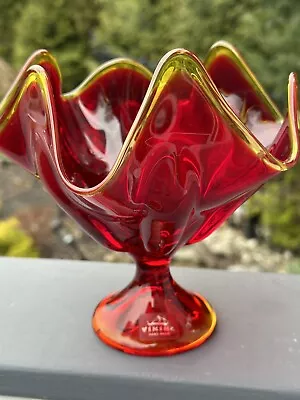 LE Smith Viking Cadmium Amberina Glass Pedestal Compote Bowl Dish 7” - Sticker • $25