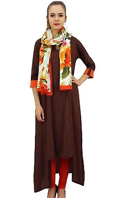 Bimba Rayon Brown Asymmetrical Hem Kurta With Scarf Designer Indian Clothing • $41.79