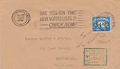 GB : 4d POSTAGE DUE ON UNSTAMPED COVER TO WARING & GILLOW SOUTHPORT (1959) • £4.99