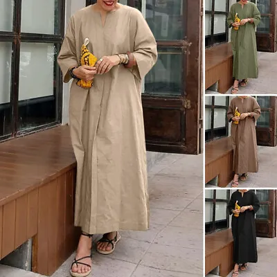 UK Womens 3/4 Sleeve O Neck Solid Cotton Loose Long Dress Kaftan Bagg • £11.58