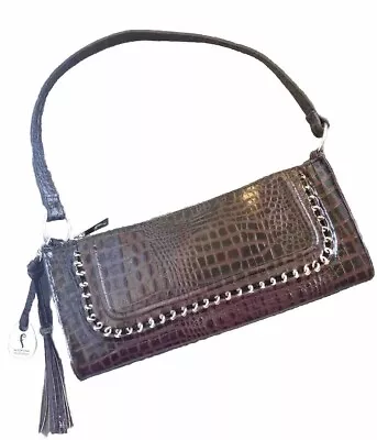 FORTUNA VALENTINO-Shoulder Handbag Brown Leather Moc Croc Silver Accents GUC! • $30