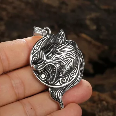 Silver Norse Viking Wolf Head Pendant Necklace Men's Jewelry Chain 24  Gift • $8.99