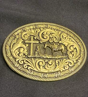 Western Belt Buckle Praying Cowboy Kneeling Cross Horse 3.5”x2.5” Gold / Brass • $11.50