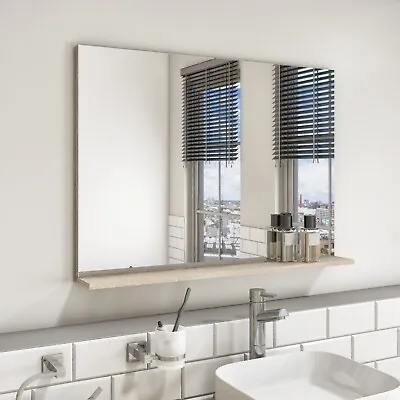 900mm Wall Mounted Light Oak Mirror With Shelf Landscape Bathroom Storage • £40.92