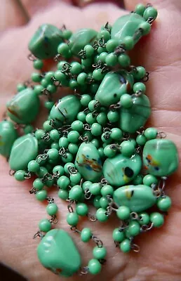 Nice Green Flapper Length Wired Vintage Murano End Of Day Glass Bead Necklace • £9.99