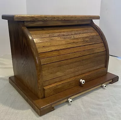 Vtg Wood Roll Top Bread Box With Cutting Board  18x12.5x12 Solid Wood Heavy • $57.99