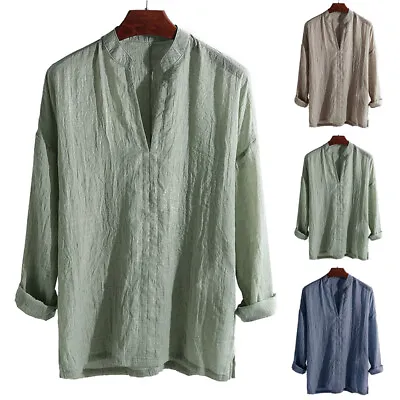 Men Fashion Cotton Linen Tunic Tops Long Sleeve Button Down Tops Casual T-shirt  • £11.65