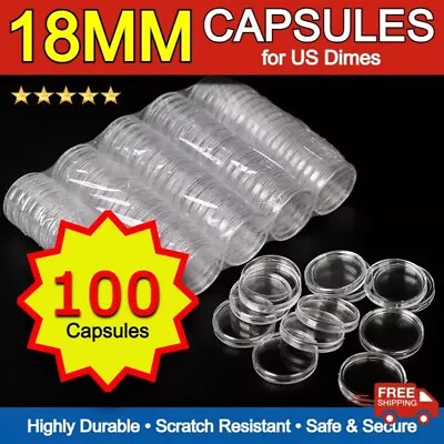 100 Direct Fit 18MM Airtight Holder Capsules US Dimes Mercury Roosevelt Barber • $11.68