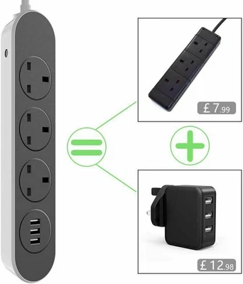 £10.99 • Buy Extension Lead With 3USB Power Strip Port 3 Way Outlets Power Lead 1.6m Joyguard