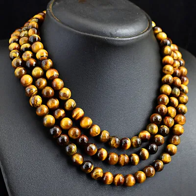 768 Cts Natural 3 Strand Golden Tiger Eye Round Shape Beads Necklace JK 11E295 • $1.25