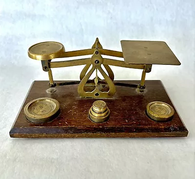 Vintage Antique Brass & Oak Wood Base Postal Scale From England - 5 Weights • $30