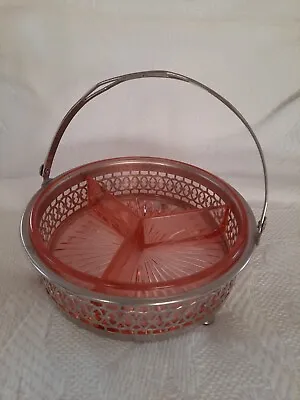 Vintage Pink Starburst Depression Divided Candy/Nut Dish Metal Caddy Farberware • $12