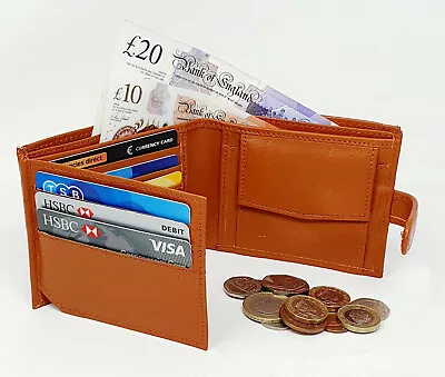 Man RFID Safe Contactless Blocking Real Leather Wallet Coin Pocket ID Window Tan • £6.95