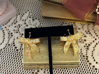 Vintage Kenneth Lane KJL Goldtone Rhinestone Bow Clip On Earrings • $34.99