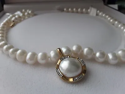 Vintage 14k Yellow Gold 18’’ Pearl Necklace With Mabe Pearl & Diamond Enhancer • $495