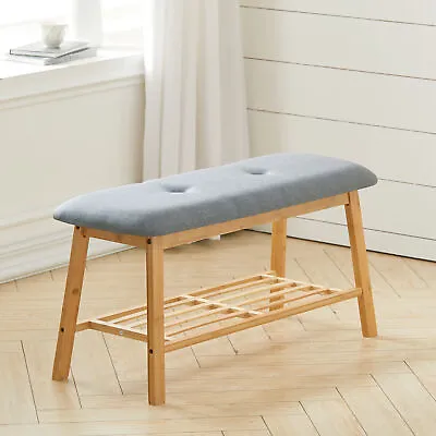 Grey Linen Fabric Upholstered Bench Wood Frame Soft Stool Shoe Stand Piano Chair • £42.95