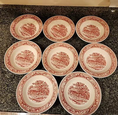 8 Royal Ironstone Memory Lane Red Rimmed Soup Bowls 8.5  Transferwear 1965  • $49