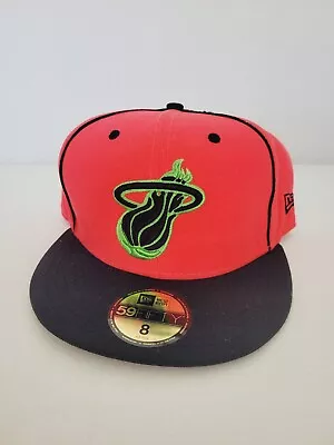 New Era 59Fifty Hard Wood Classics NBA Miami Heat Fitted Hat Neon Pink Size 8 • $17.99