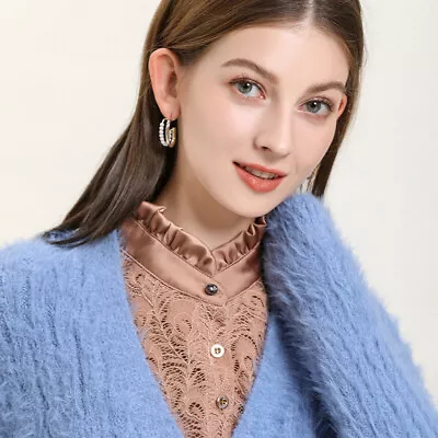 Women Lace Satin Fake Collar Button Down Detachable False Collar Half Shirt Top • £11.99