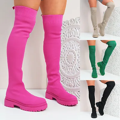 £30.99 • Buy Womens Ladies Over The Knee Knit Boots Chunky Sole Otk Knee High Women Shoes