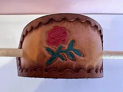 Vintage Hand Tooled Leather Stick Barrette Pony Tail Holder /RED ROSE FLOWER • $14.99