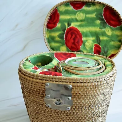 VINTAGE CHINESE  DRAGON TEA SET IN  PADDED WICKER BASKET Missing Cup • $61