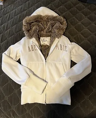 Vintage Abercrombie Fitch Womens Hoodie Medium White With Faux Fur • £48.26