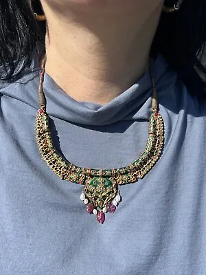 Antique Indian Mughal Style  Diamond Gemstone Pearl Enamel Gold Necklace • $9500