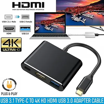 3 In1 Type C USB-C 4K HDMI USB 3.0 Hub Adapter Cable For Macbook Samsung Black • £7.25