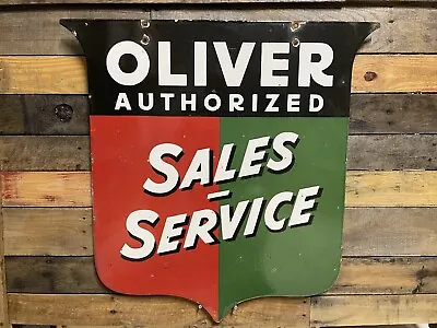 31  Vintage Oliver Porcelain Sign Tractor Farm Equipment Sales Service 2sided • $850.59