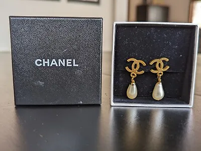 Vintage Chanel Earrings-1996 Pearl Drop With Gold CC (clip On) Original Box • $525