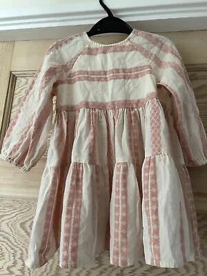 Zara Girls Pink Cream Textured Striped Lined Linen Dress 2 - 3 • £8.99