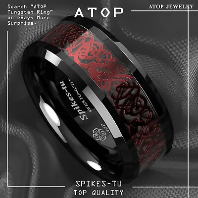 ATOP 8/6mm Men Black Red Tungsten Ring Wedding Band Celtic Dragon Carbon Fiber • $14.99