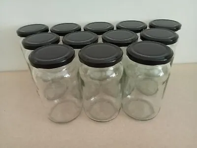 Glass Jam Jars 12 X 1lb/380ml & Black Lids For Preserves Pickling & Chutneys • £20