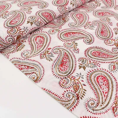 Cotton Voile Fabric - Indian Hand Block Print - Paisley - White Red • £6.49