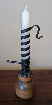 Vintage AMISH Wood & Wrought Iron Adjustable Spiral Courting Taper Candle Holder • $16