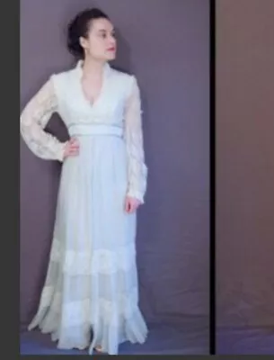 Vintage Gunne Sax Style Pirarie Maxi Dress White Blue Bridal Cottagecore Wedding • $220