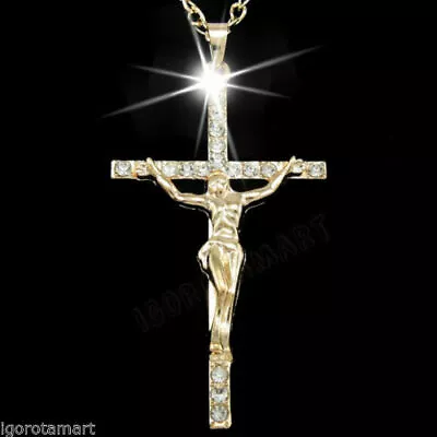 Mens Cross Crucifix Pendant 18k Gold Filled Chain Crystal Gem Necklace • £5.99