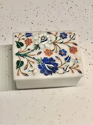 Vintage Marble Trinket Jewelry Box Inlaid Semi Precious Stones Lapis Lazuli • $157.49