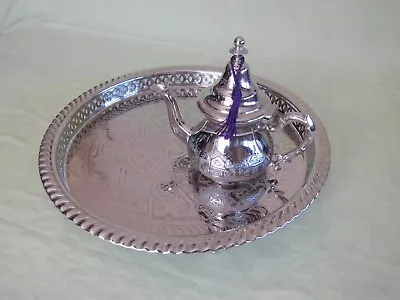 Set Of Brass Moroccan Teapot 320 Ml For 3 Tea Cups And Its Matching Tray 14” D • $109