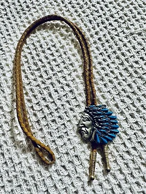Vintage 80s  Bolo String Tie Western Native American Design 32” Braided Tie • $32