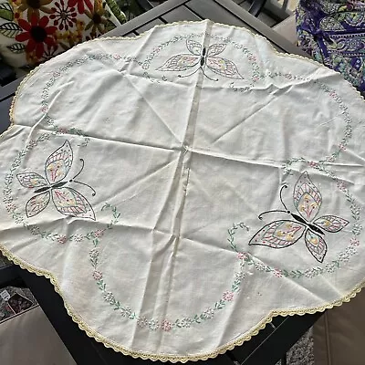 Vintage Butterfly Embroidered Table Scarf Round Scalloped Edge 32” Some Flaws • $12.99