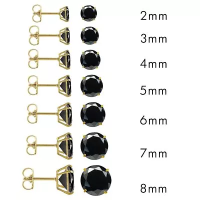  14 Karat Yellow Gold Push Backing Black CZ Round Stud Earrings  AAAAA QUALITY • $46.15