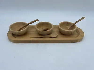 Pampered Chef Bamboo Wood 3.5” Round Serving Bowls 3 Set With Tray & Spoons Rice • $15.90