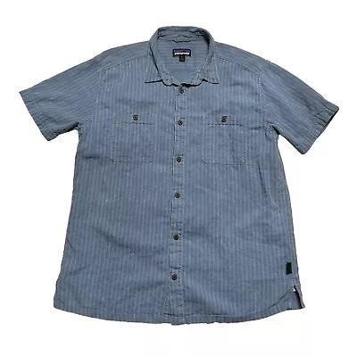 Patagonia Back Step Shirt Mens XL Blue Stripe Hemp Button Up Short Sleeve Casual • $29.88