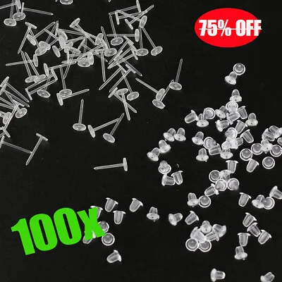 100PCS Plastic Earring Posts Clear Ear Pins And Silicone Rubber Backs • £3.28